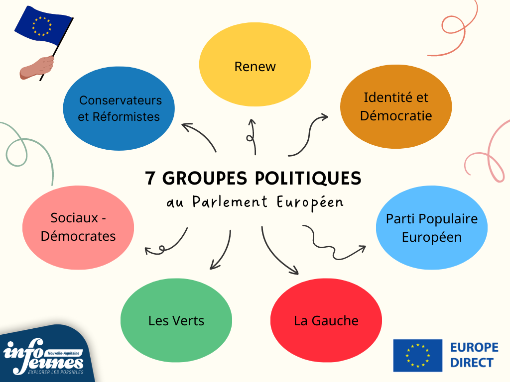 Une infographie qui distingue les sept groupes politiques du Parlement européen.
